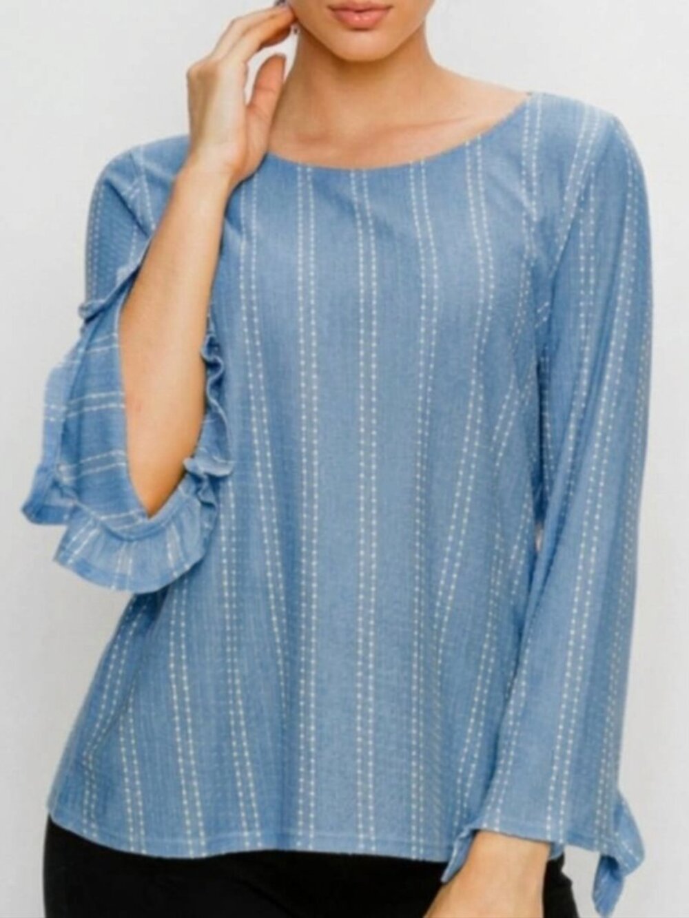 W5 ANTHROPOLOGIE Mariana Blouse Dot Stripe Blue White Ruffle 3/4 Sleeve Boho Top
